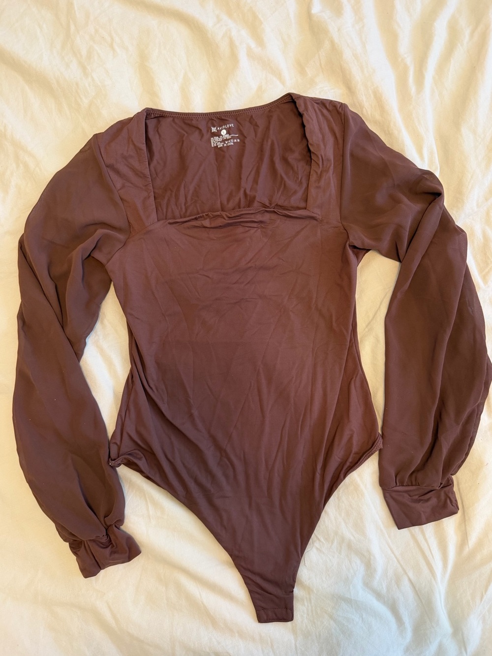 Long Mesh Sleeve Square Neck Bodysuit in Chocolate Brown